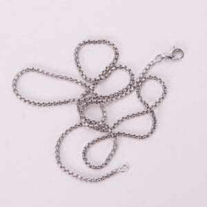 Silver chain with clasp on white background.