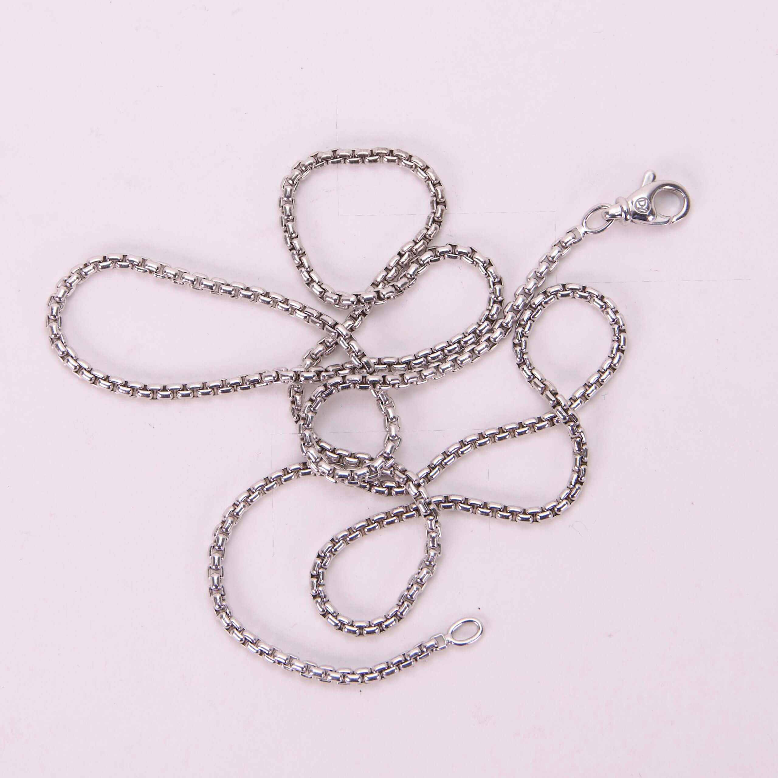 Silver chain with clasp on white background.