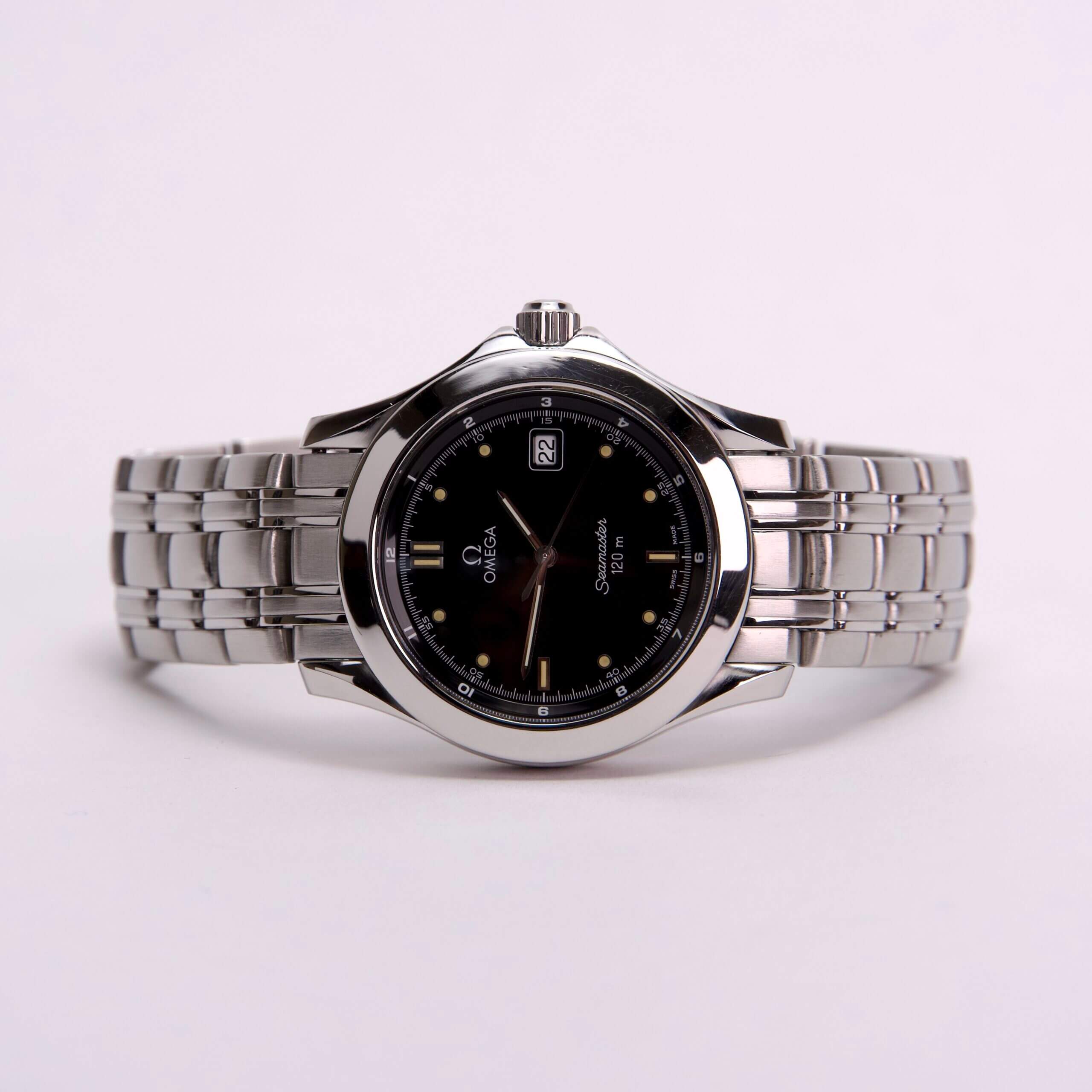 Silver wristwatch with black dial display.