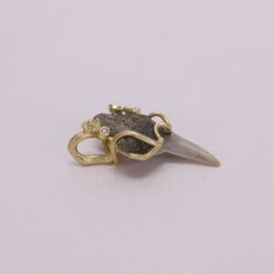 Gold-wrapped fossil tooth pendant with gemstone.
