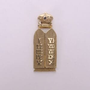 Gold Ten Commandments tablets with crown.