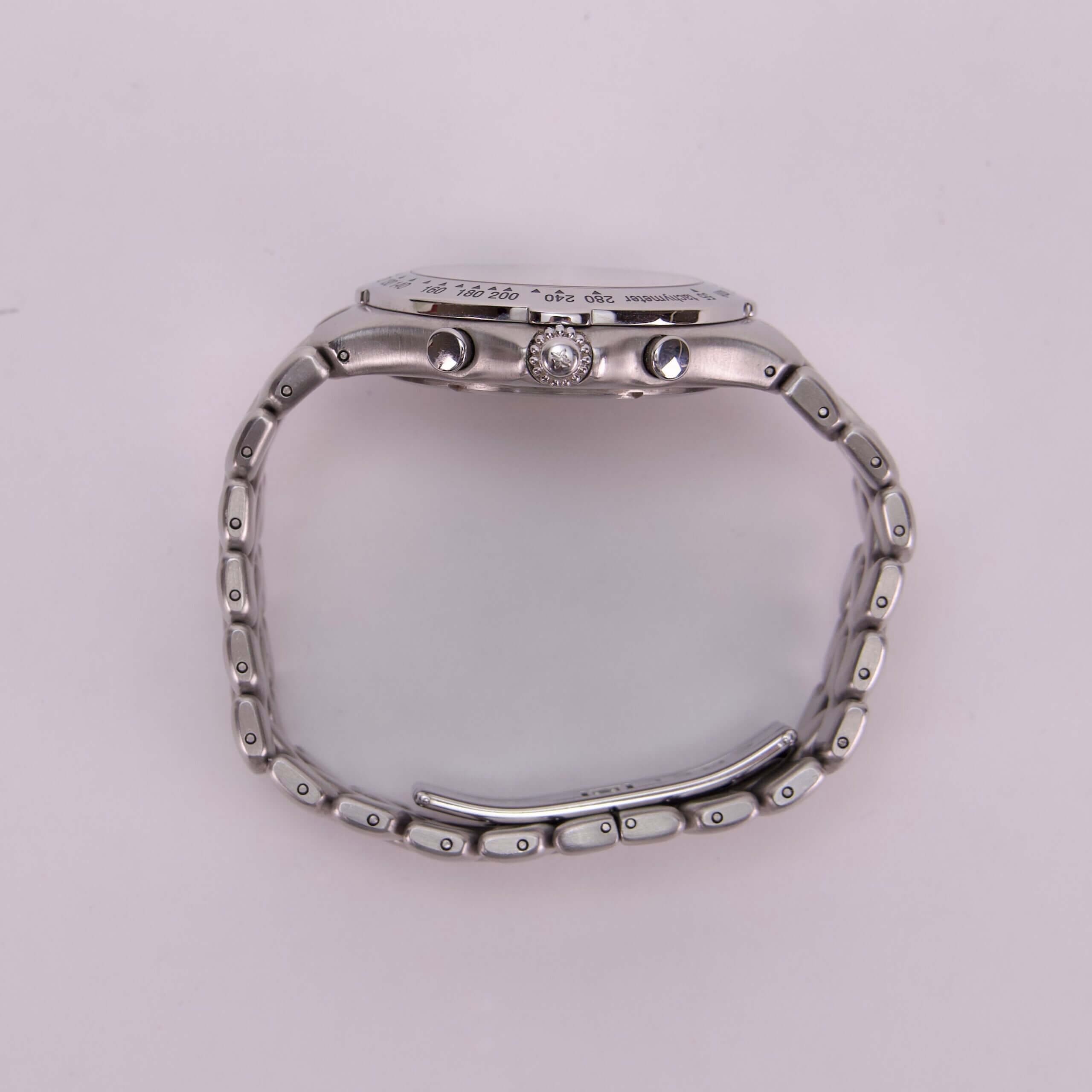 Silver watch with metal link bracelet.