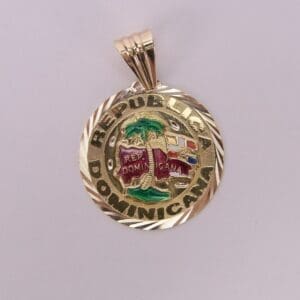Gold pendant with Dominican Republic emblem.