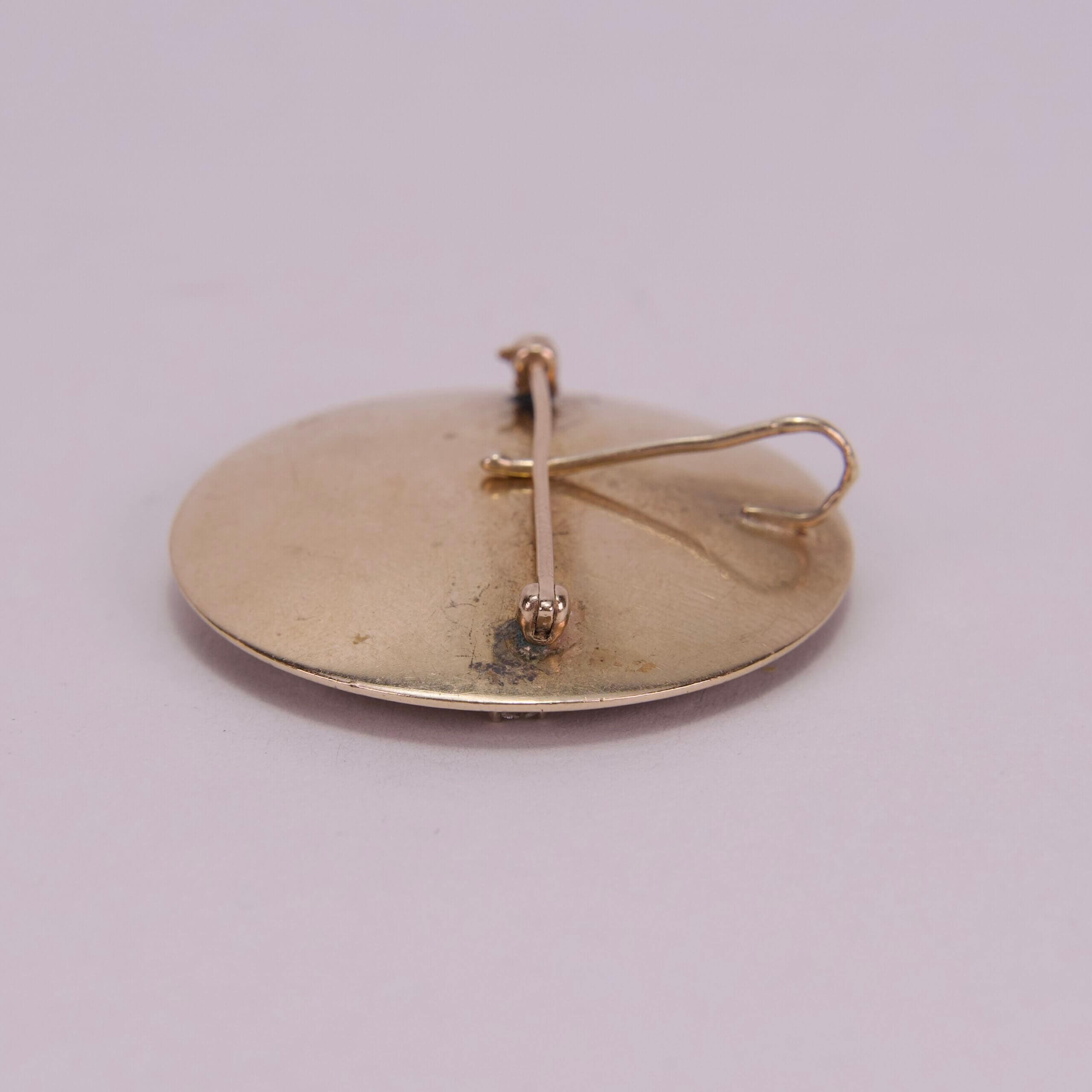 Gold brooch pin on a light background.