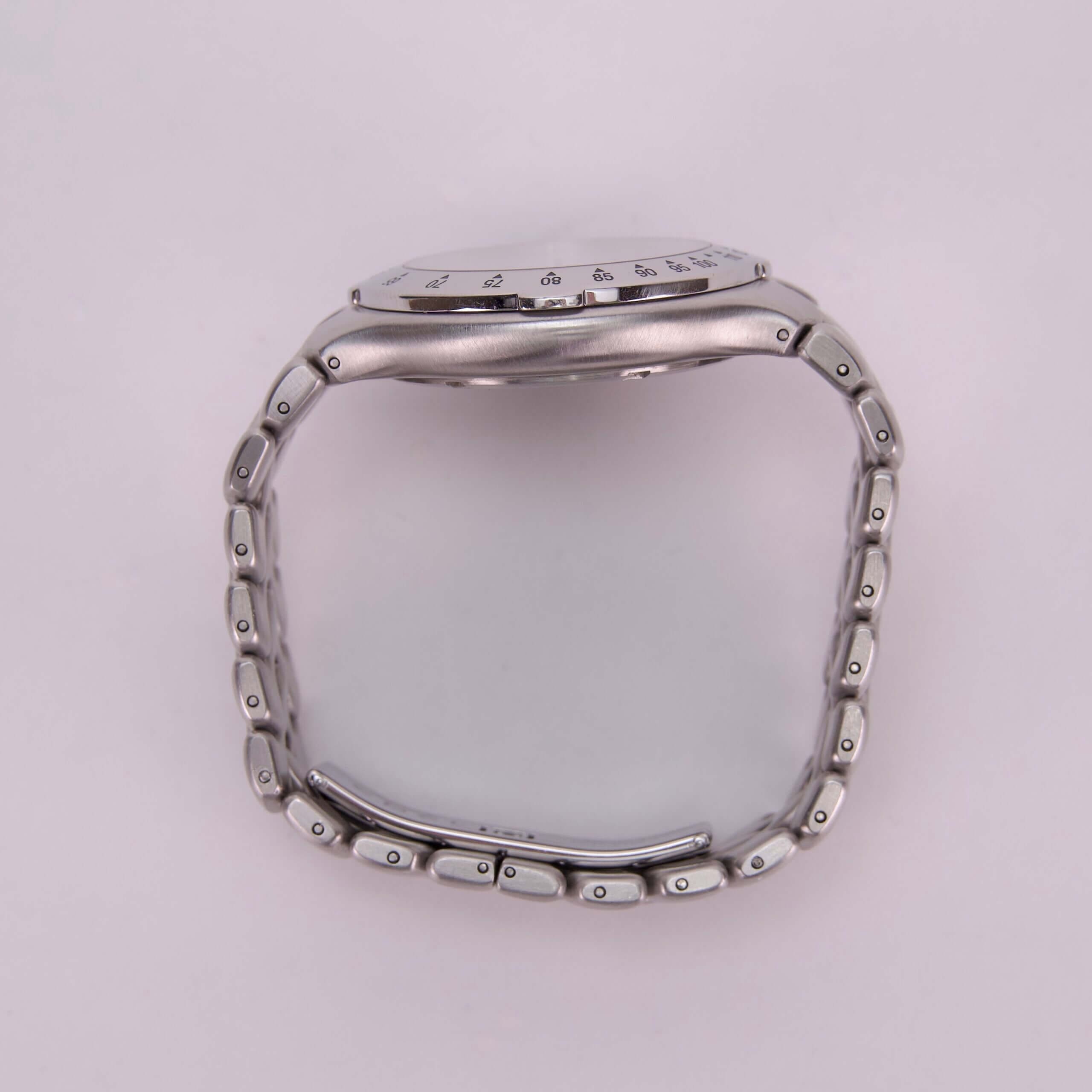 Silver wristwatch with metal bracelet band.