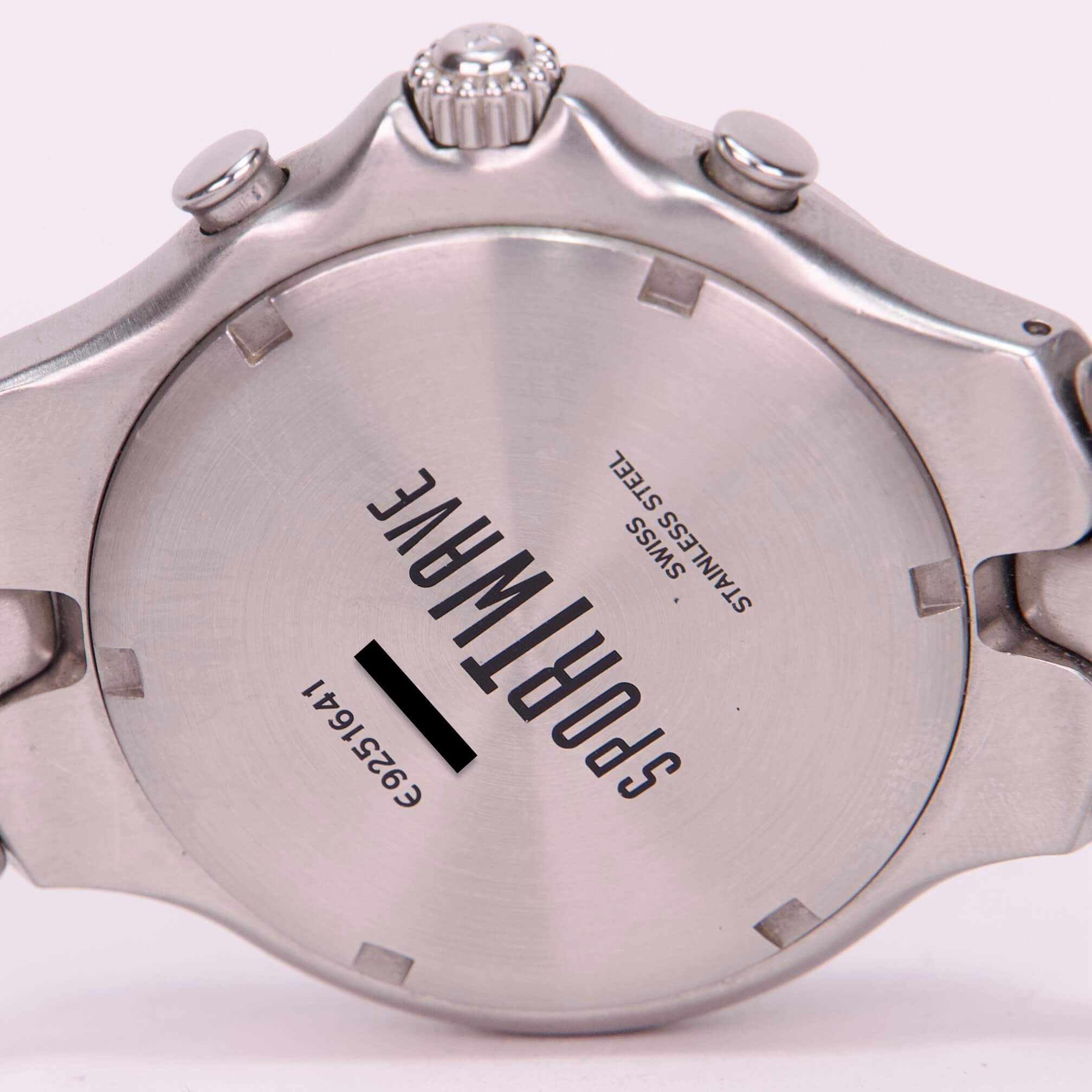 Back of stainless steel sports watch.