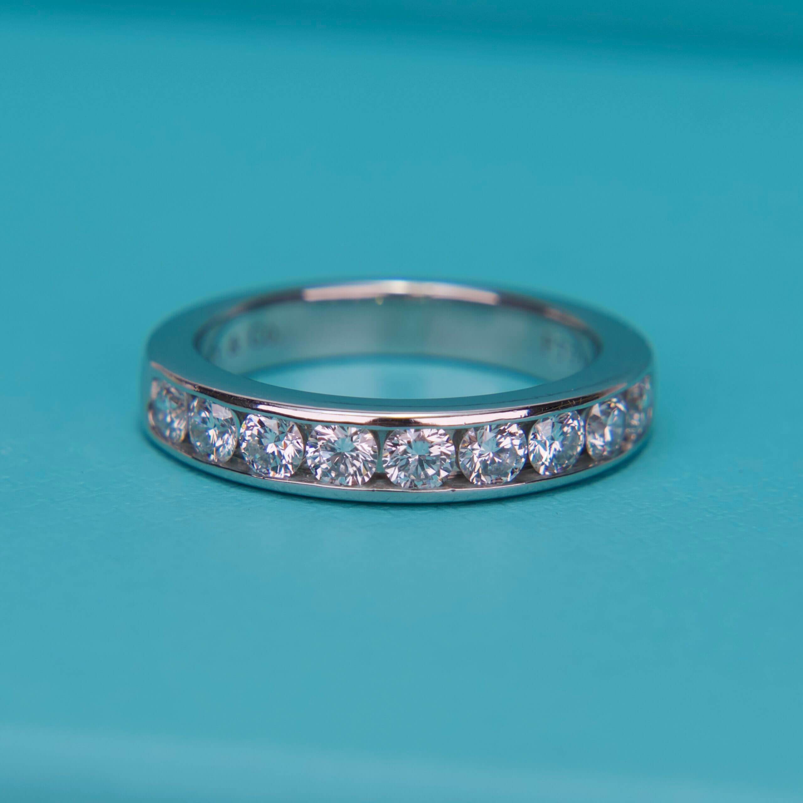 Diamond ring on a turquoise background.