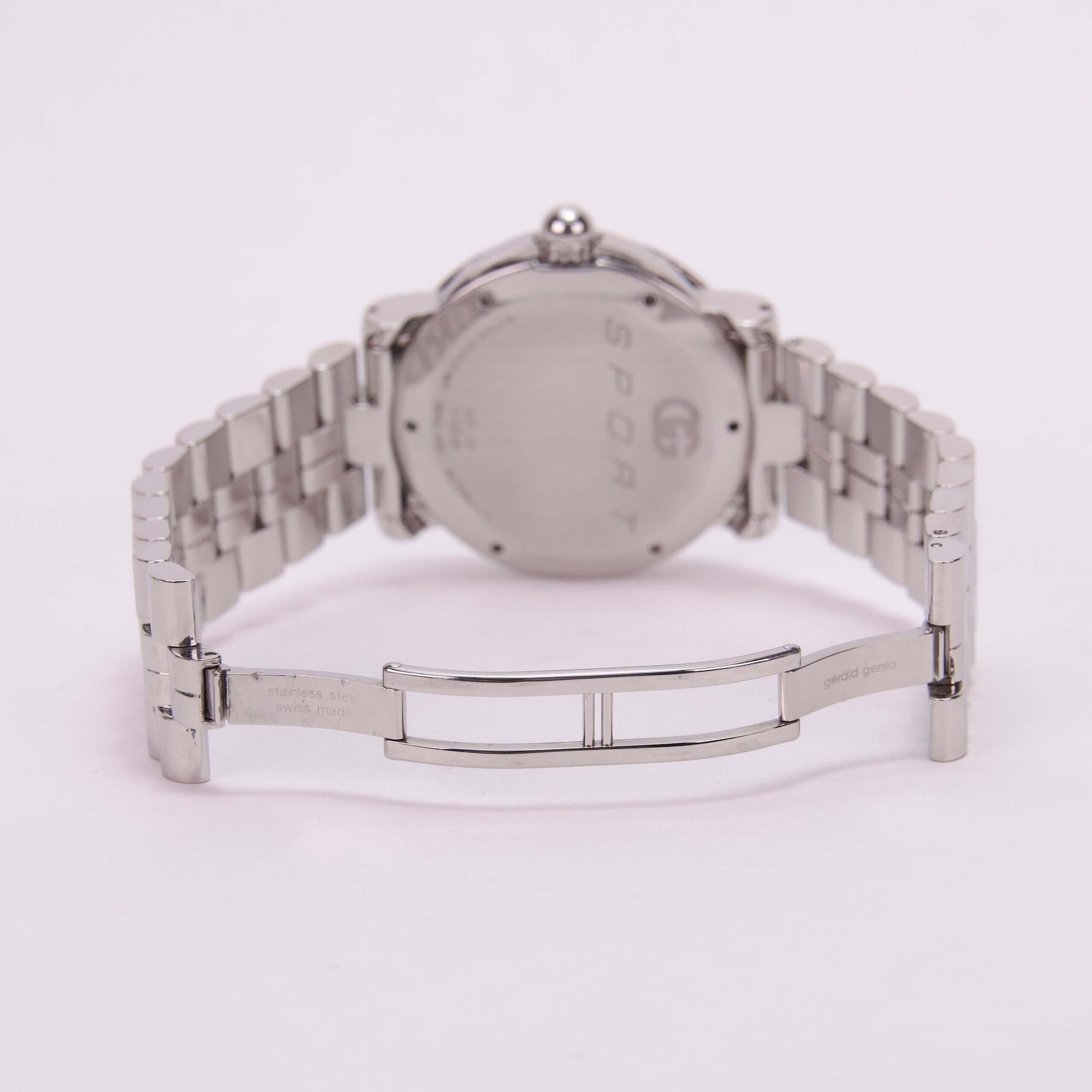 Silver watch with metal bracelet, rear view.