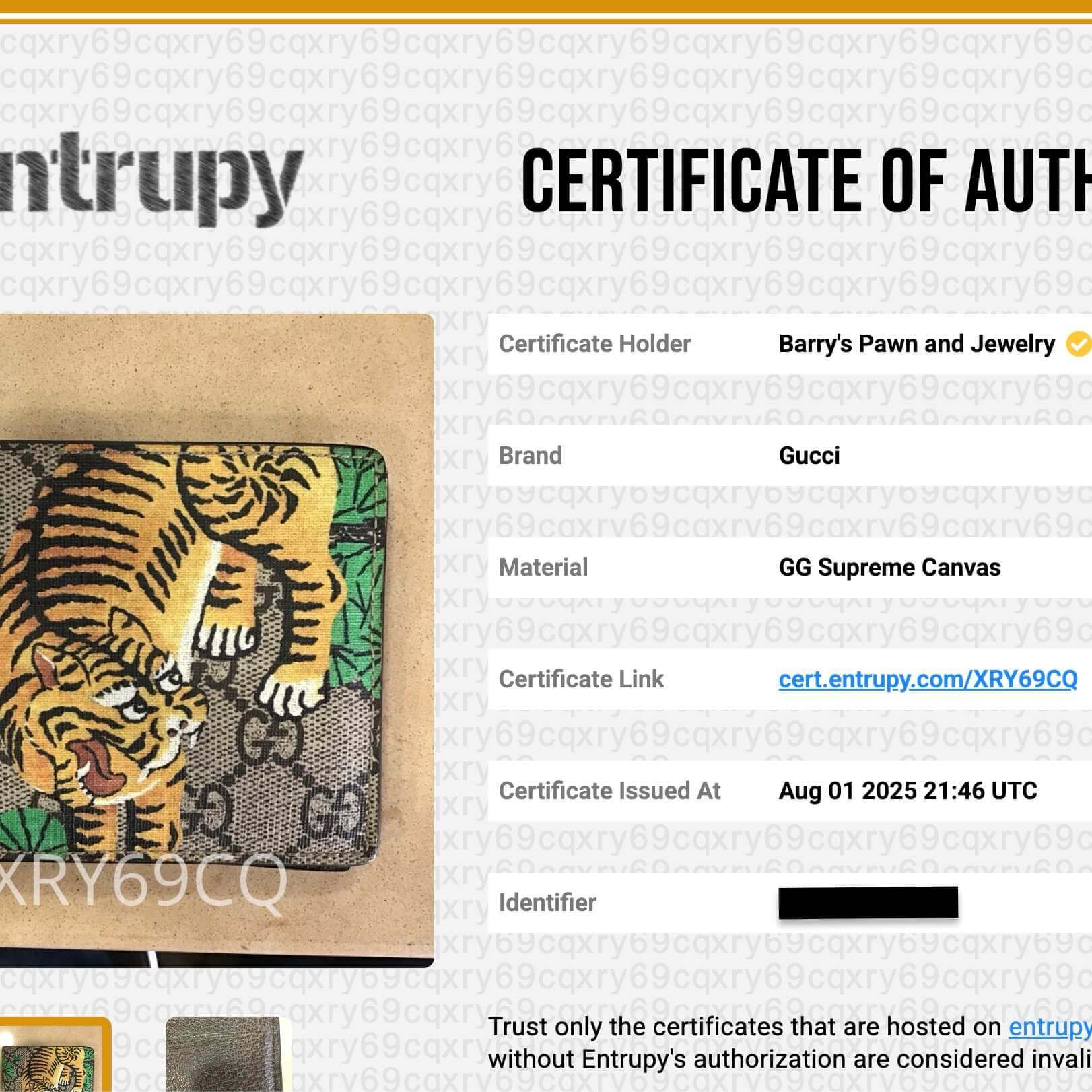 Certificate of authenticity for Gucci item.