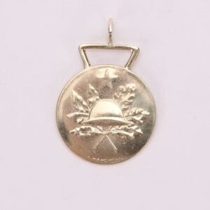 Gold military-themed medal with helmet design.