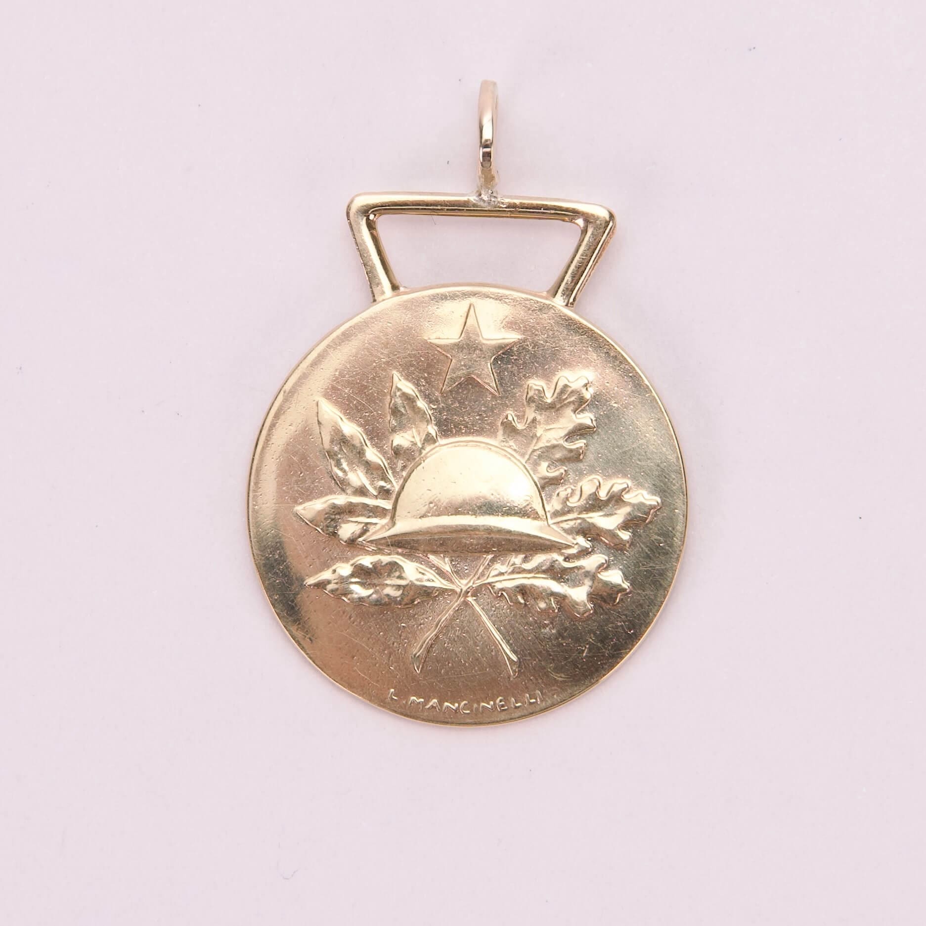 Gold military-themed medal with helmet design.