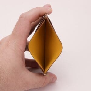 Hand holding open, empty wallet.