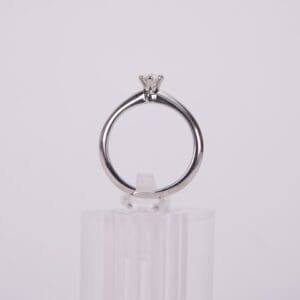 Diamond ring on clear stand.