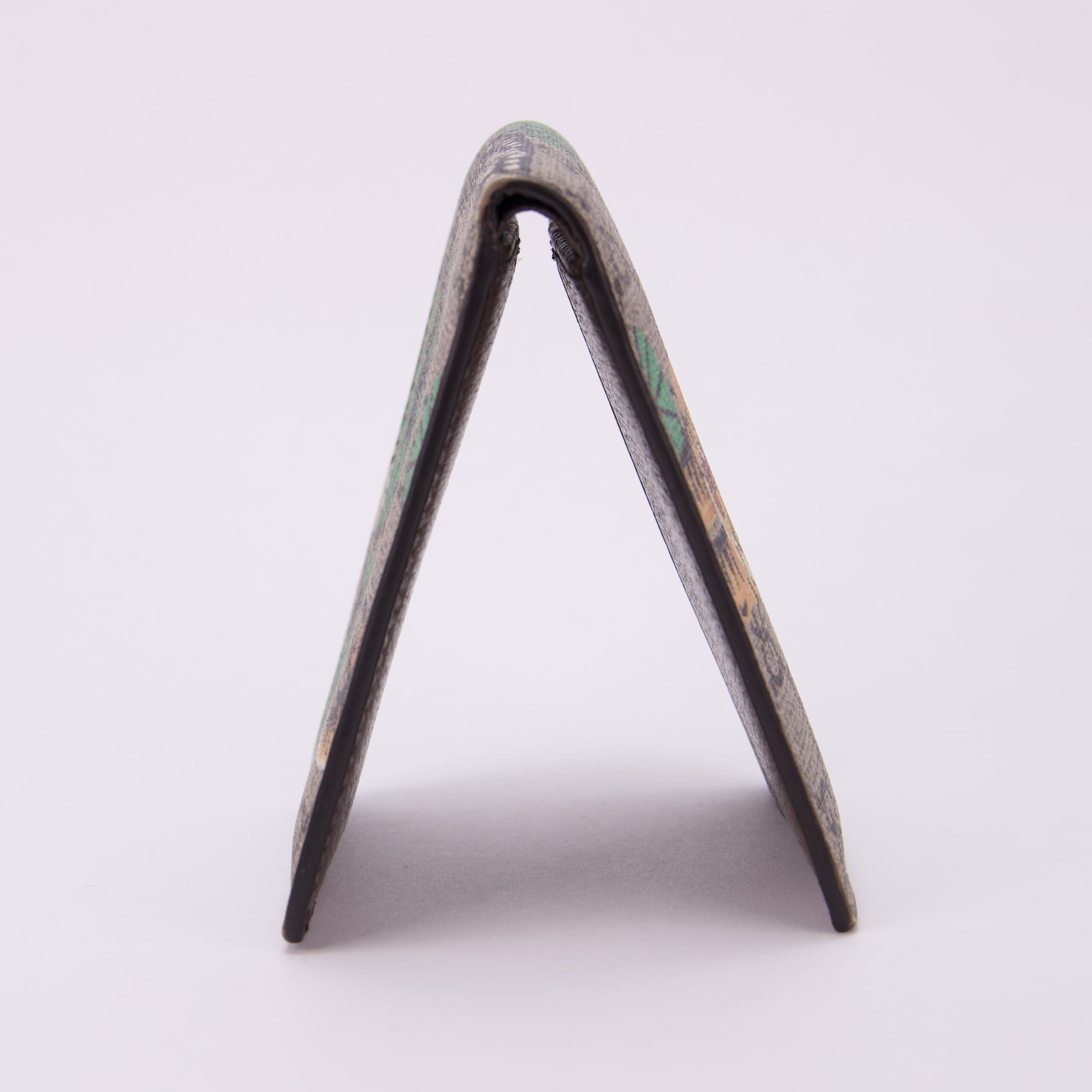 Folded wallet standing on its edge.