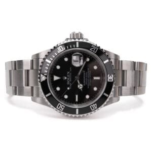 Luxury silver and black wristwatch display.