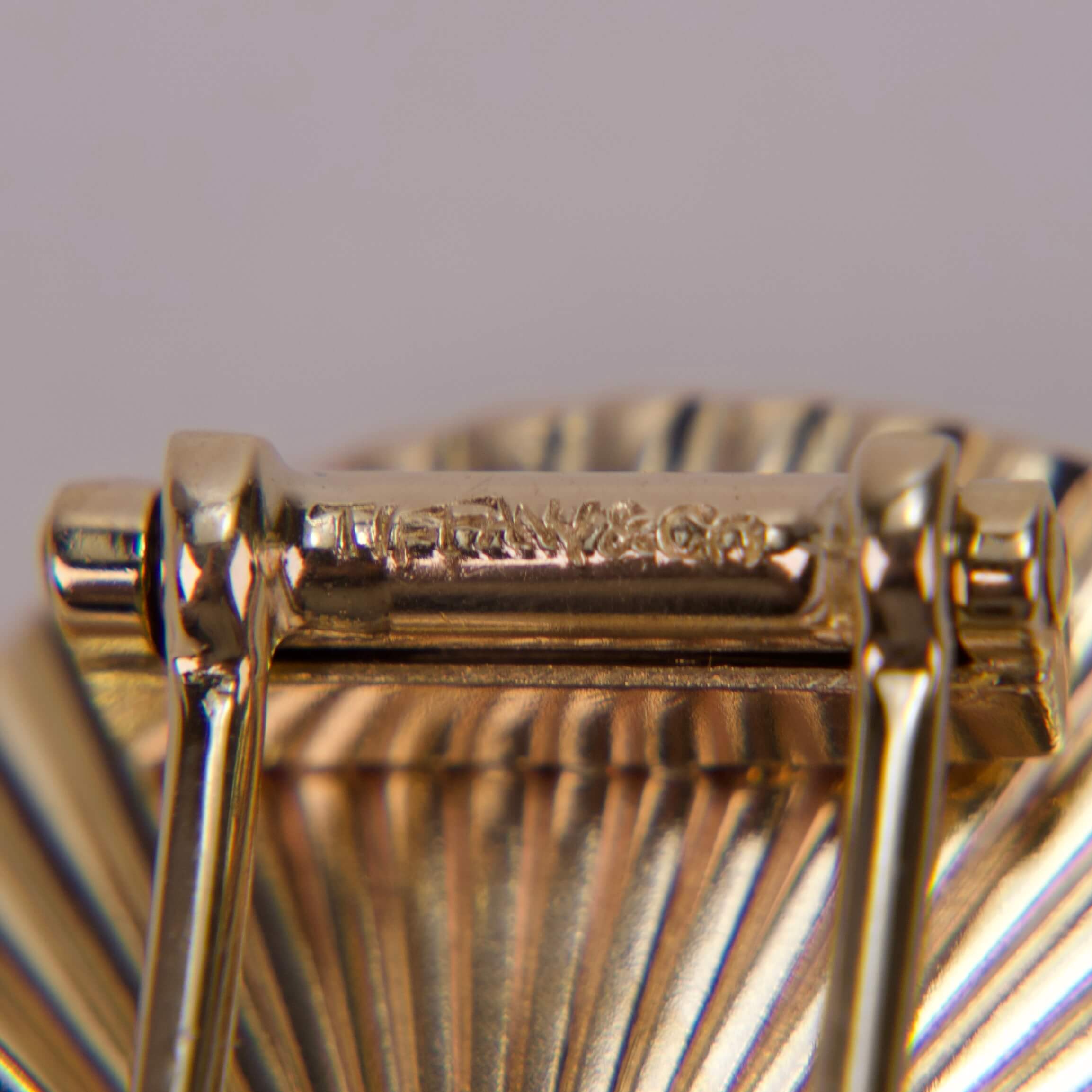 Close-up of a gold pin clasp.
