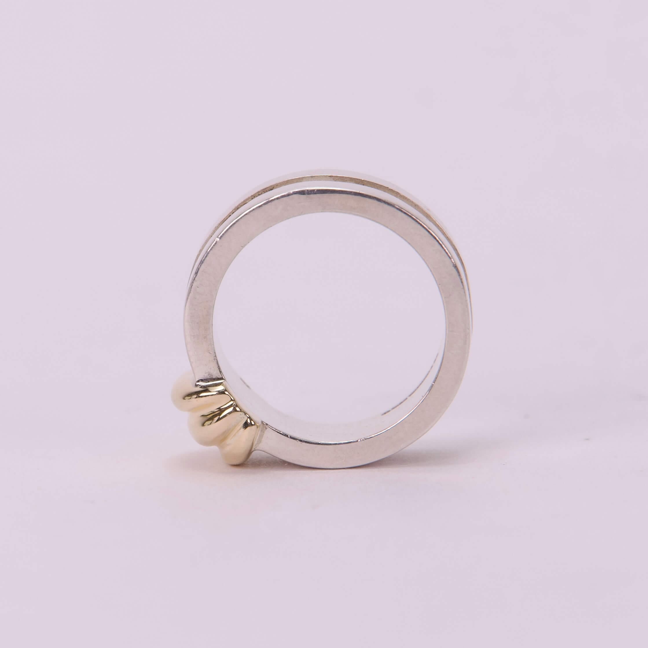 Silver ring with gold accent detail.