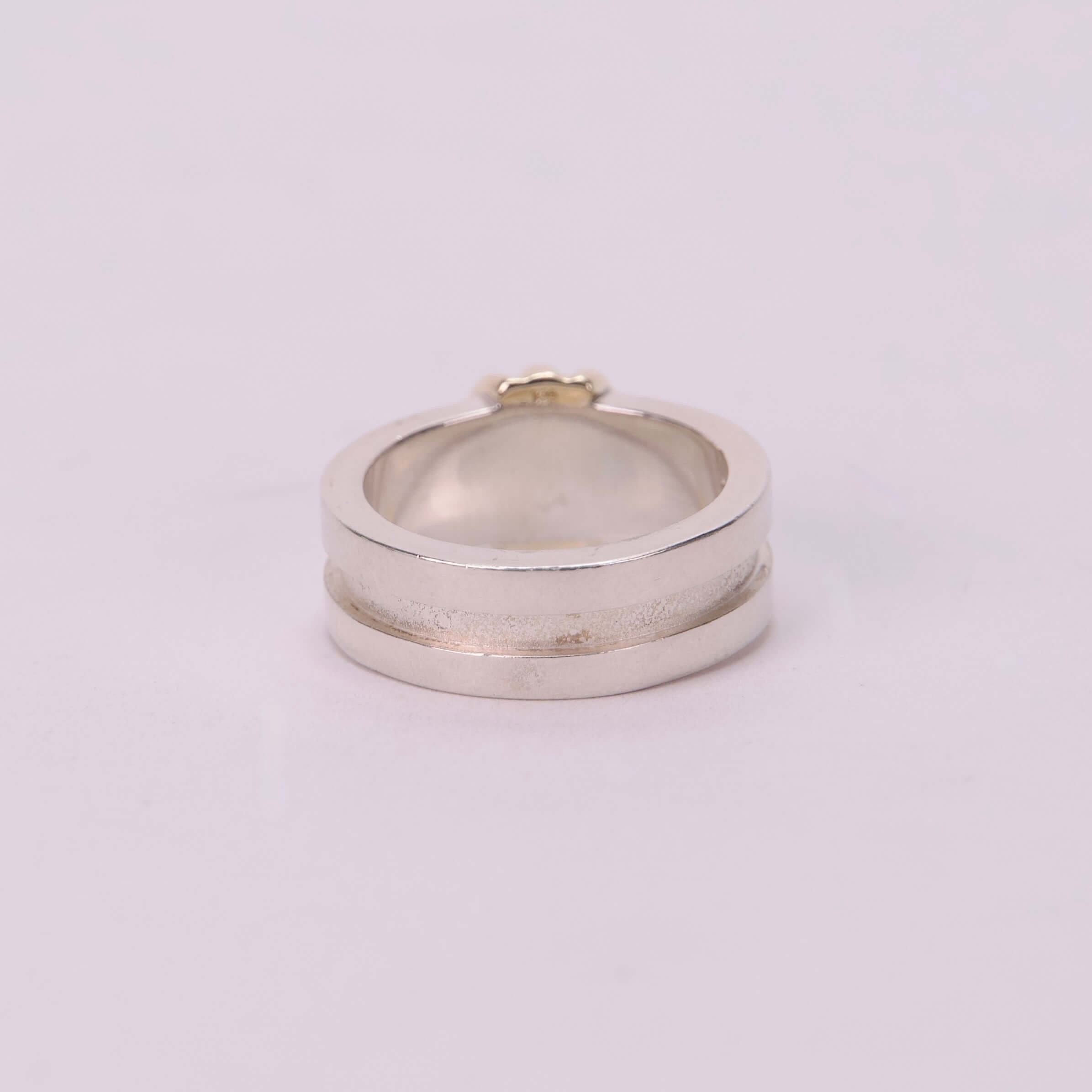 Silver ring with a textured band.