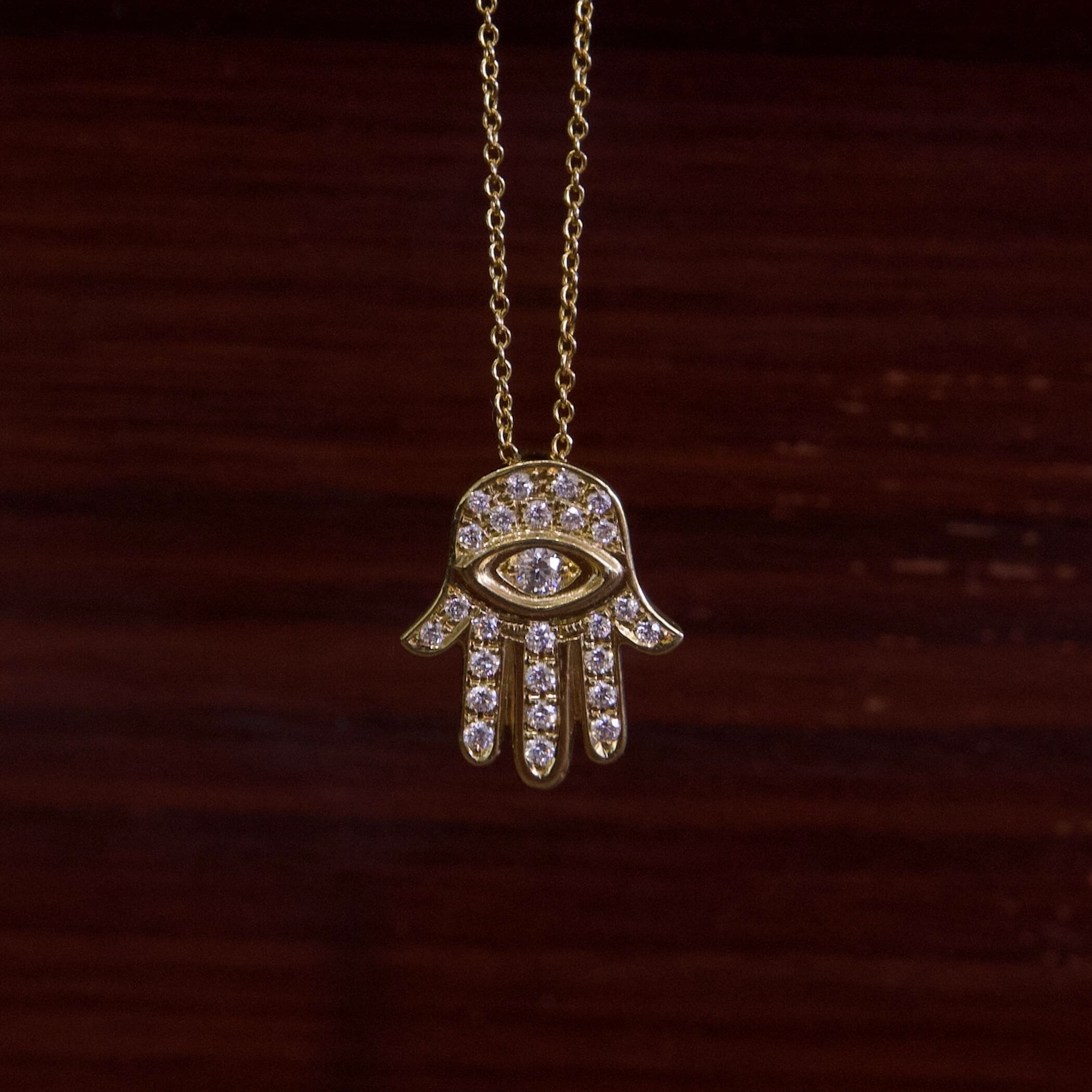 Hamsa hand necklace with eye design.