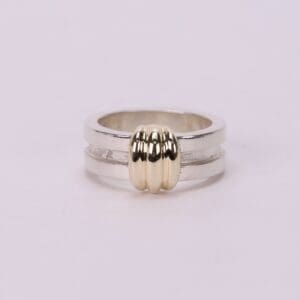 Silver ring with gold accent design.