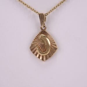 Gold pendant with engraved figure on chain.