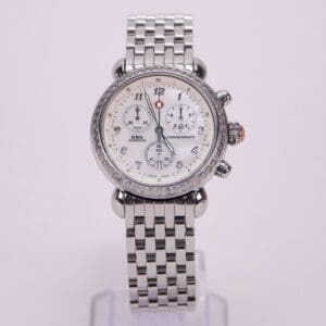 Silver chronograph watch with metal bracelet.
