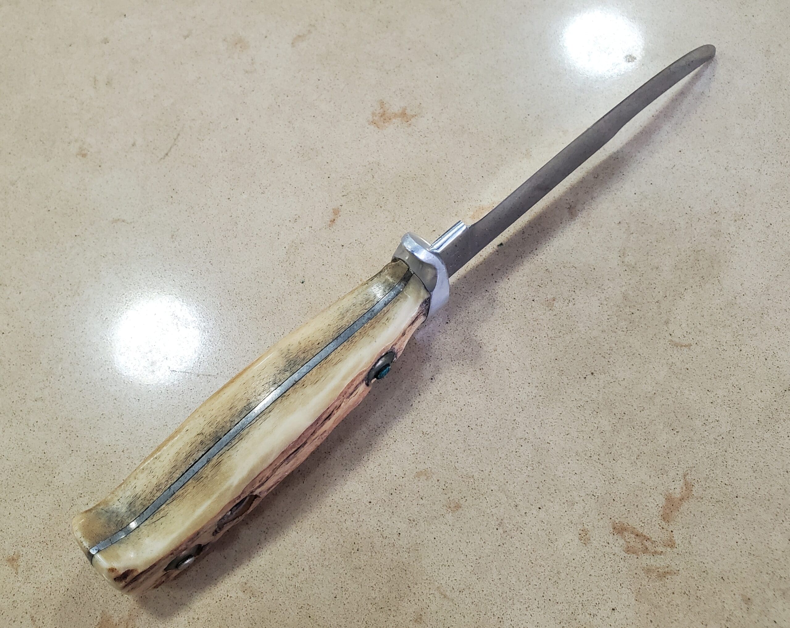 Bone-handled knife on a light surface.