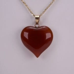 Red heart-shaped pendant on gold chain.