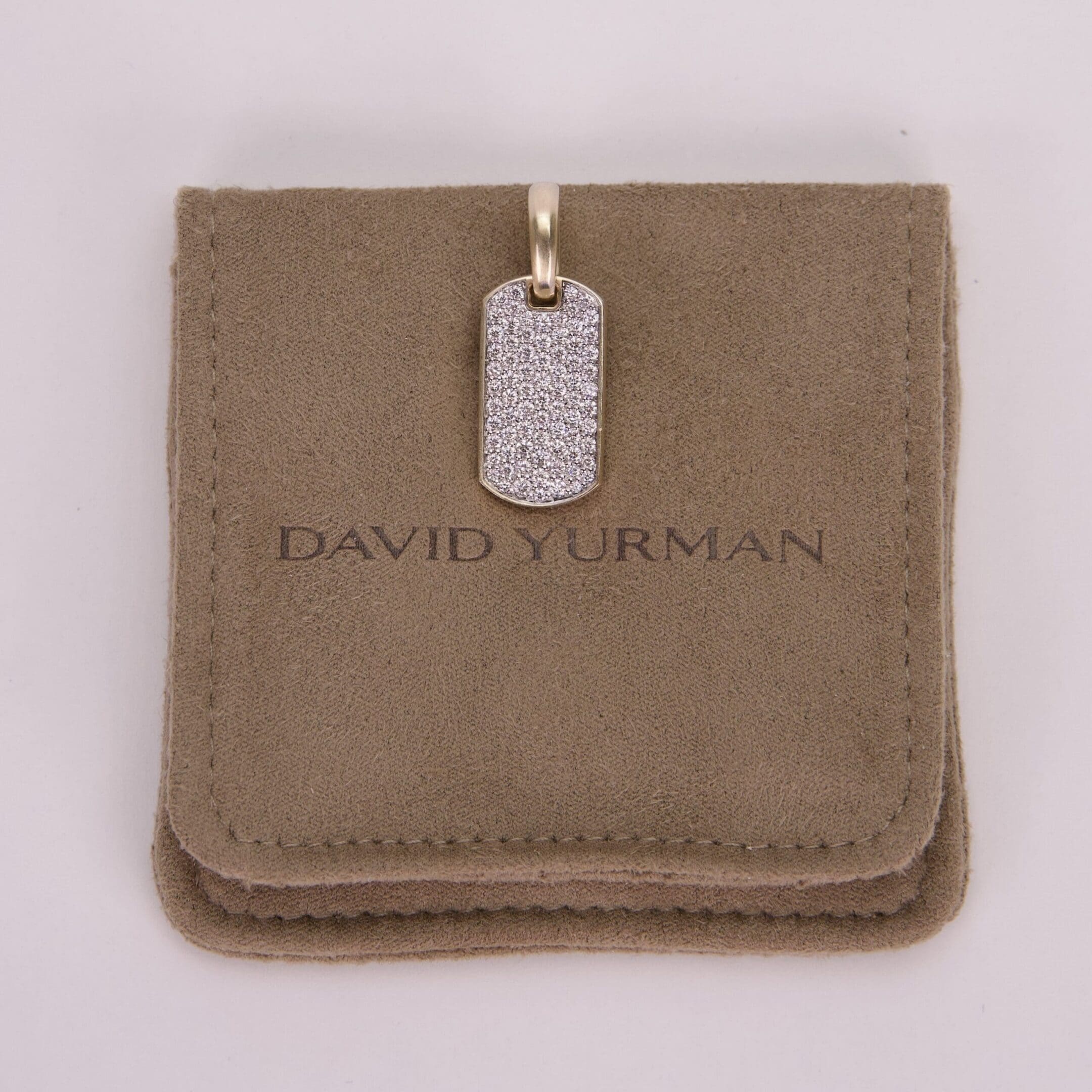 Jewelry pendant on suede pouch.