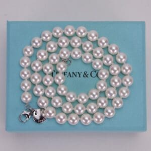 Pearl necklace on Tiffany blue box.