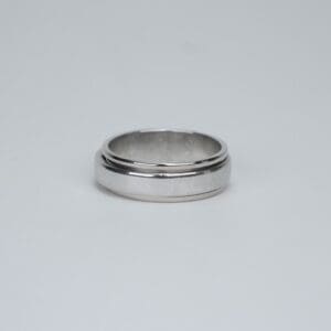 Silver ring on a plain background.