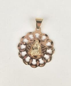 Gold pendant with intricate cut-out design.