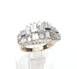Diamond ring with baguette and round stones.