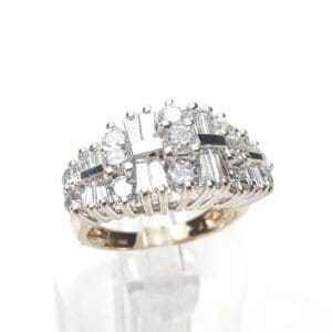 Diamond ring with baguette and round stones.