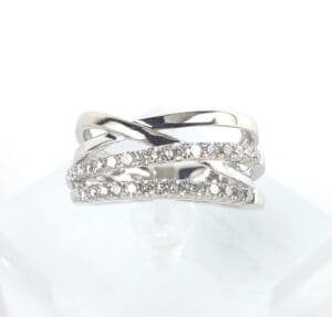 Silver ring with intertwined diamond bands.
