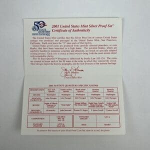 2001 US Mint Silver Proof Set certificate.