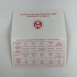 2001 Silver Proof Set specifications document.