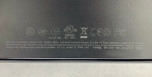 Electronic device certification labels and symbols.