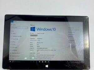 Tablet displaying Windows 10 system information screen.