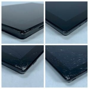 Cracked tablet screen with visible damage.