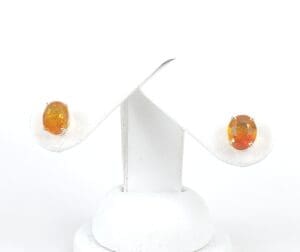Orange gemstone stud earrings on display stand.