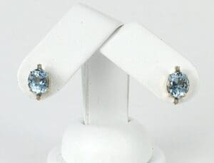 Blue gemstone earrings on white display.