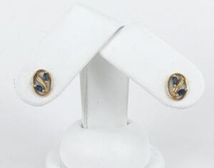 Gold earrings with blue gemstones displayed.