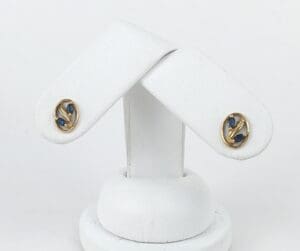 Gold earrings with blue stones displayed.