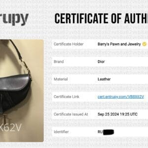 Certificate of authenticity for Dior leather bag.