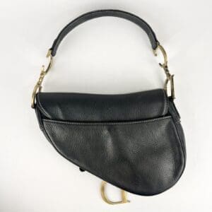 Black leather handbag with gold hardware.