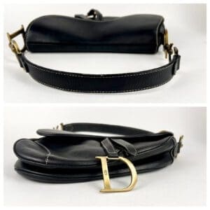 Black leather handbag with gold accents.