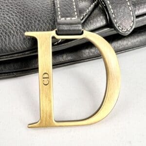Gold buckle on black leather bag.