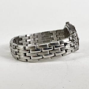 Stainless steel watch bracelet on display.