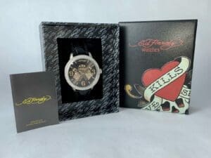 Ed Hardy watch with heart-themed packaging.